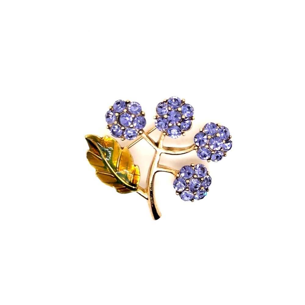 Monet Lavender Purple Rhinestone Berry Flower Brooch Gold Tone Enamel Leaf Pin